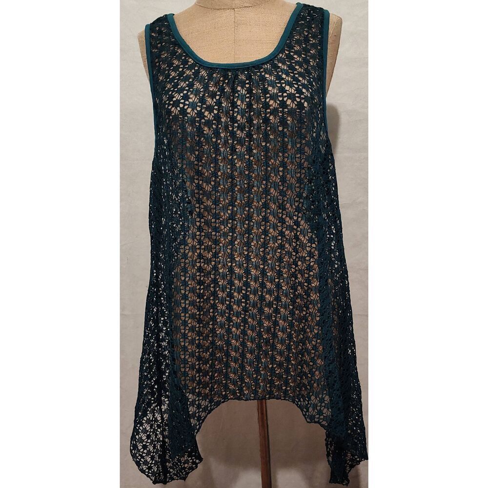 ARIA HAND MADE Teal lace sleeveless tunic shirt Swim Coverup Shark bite hem NWT